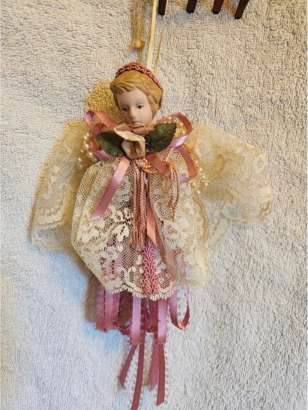 Vintage Victorian Angel Ornament 9" Porcelain Face Lace Pink Ribbon Pearls